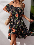 Tropical Floral Shoulder Cutout Midi Dress
