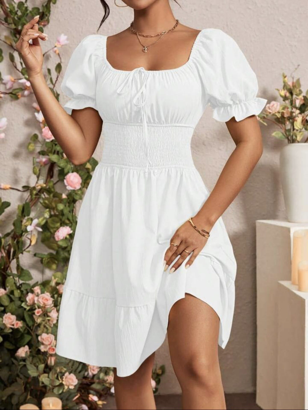 Puff Sleeve Smocked Waist Mini Dress