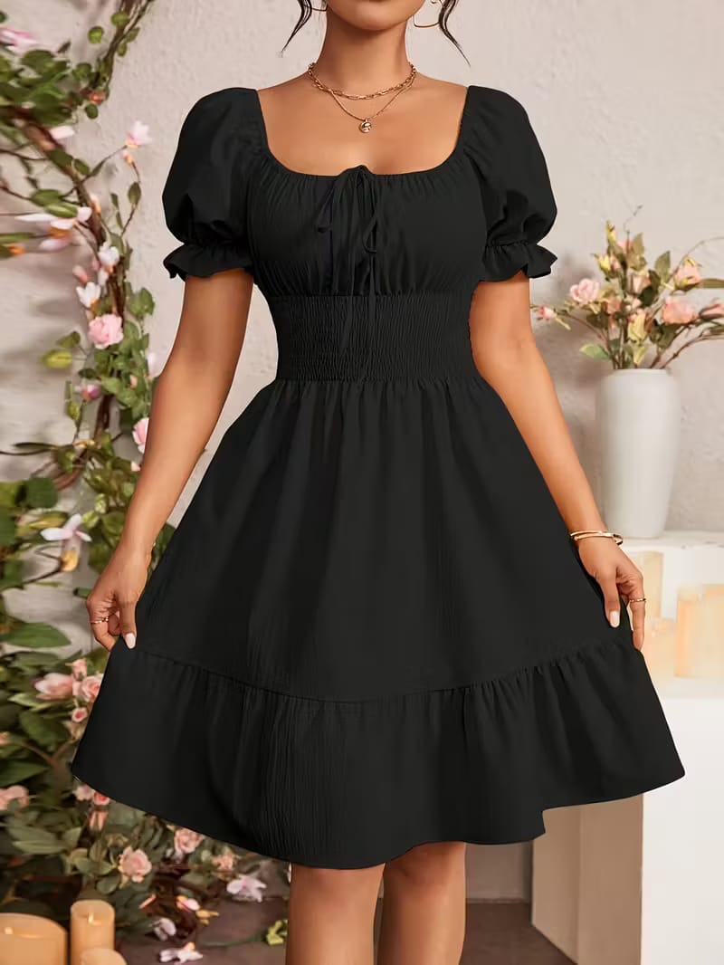 Puff Sleeve Smocked Waist Mini Dress