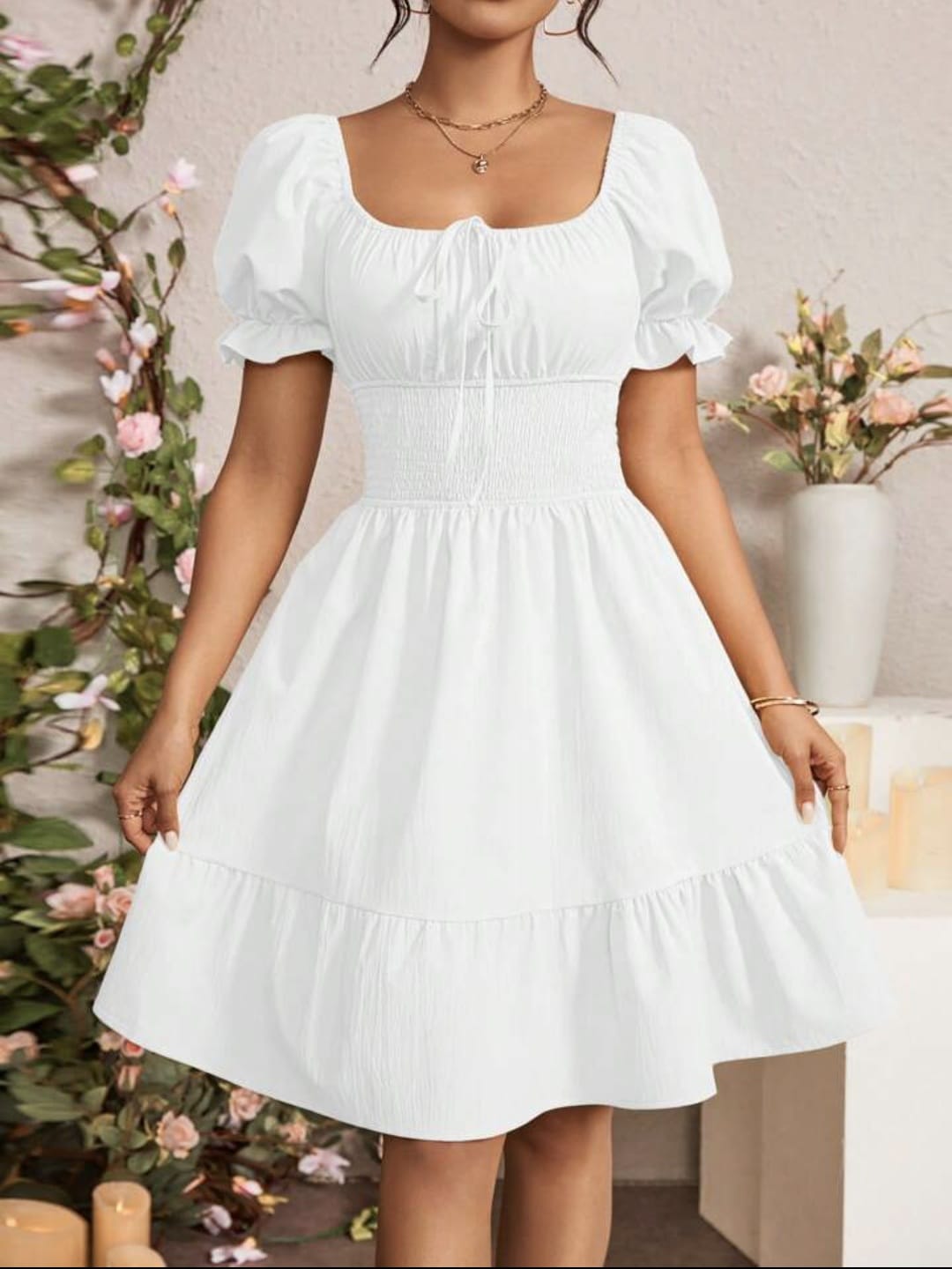 Puff Sleeve Smocked Waist Mini Dress