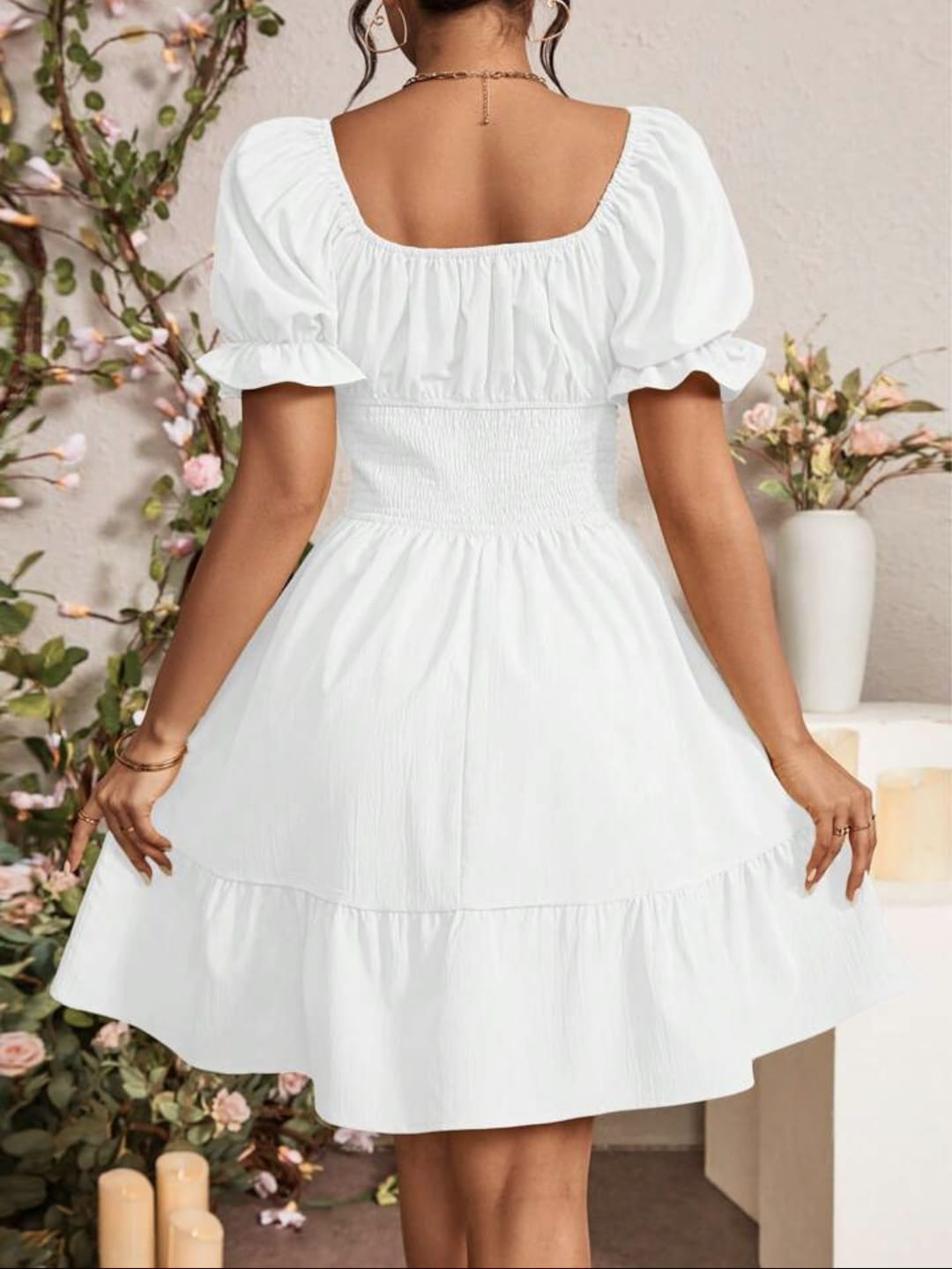 Puff Sleeve Smocked Waist Mini Dress