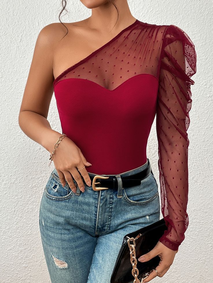 Velvet Touch Sheer One Shoulder Top – Elegant Asymmetrical  Blouse for Women
