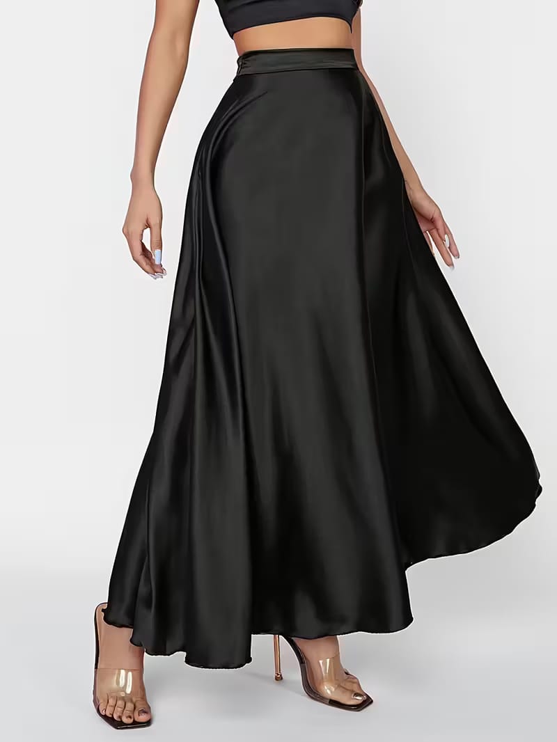 Elegant High Waisted Satin Maxi Skirt - Flowy Formal Skirt