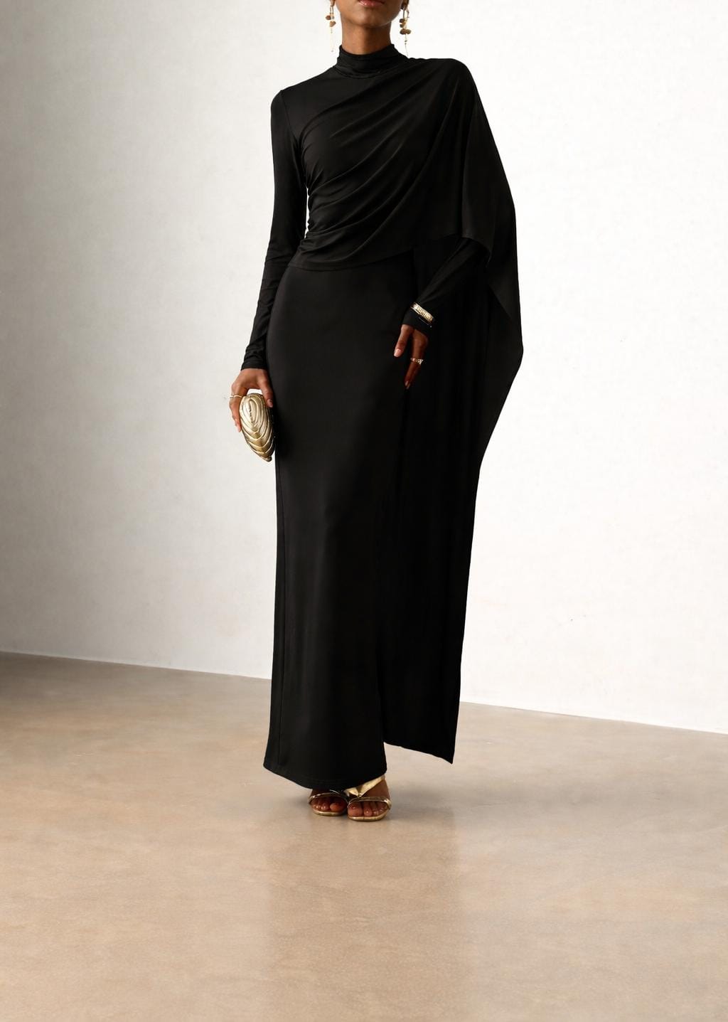 Elegant High-Neck Draped Cape Maxi Dress – Slim Formal Fit