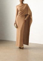Elegant High-Neck Draped Cape Maxi Dress – Slim Formal Fit