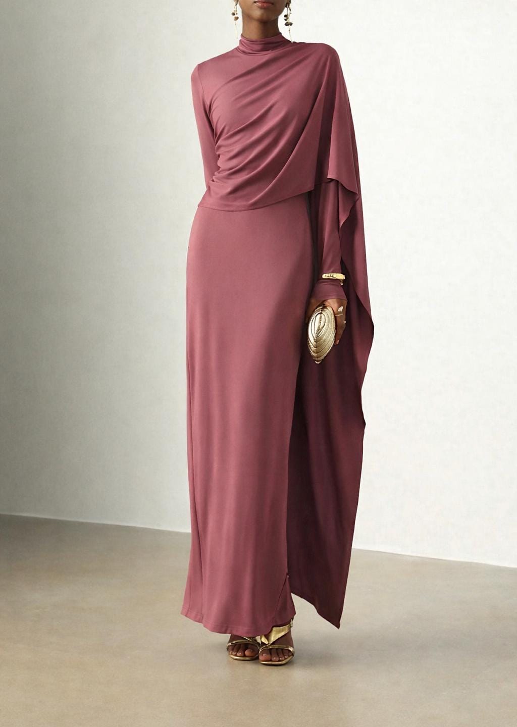 Elegant High-Neck Draped Cape Maxi Dress – Slim Formal Fit
