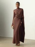 Elegant High-Neck Draped Cape Maxi Dress – Slim Formal Fit