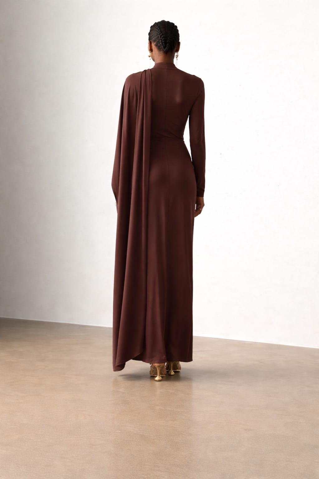 Elegant High-Neck Draped Cape Maxi Dress – Slim Formal Fit