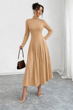 Elegant Solid Pleated Maxi Dress – High Neck & Pleated Skirt
