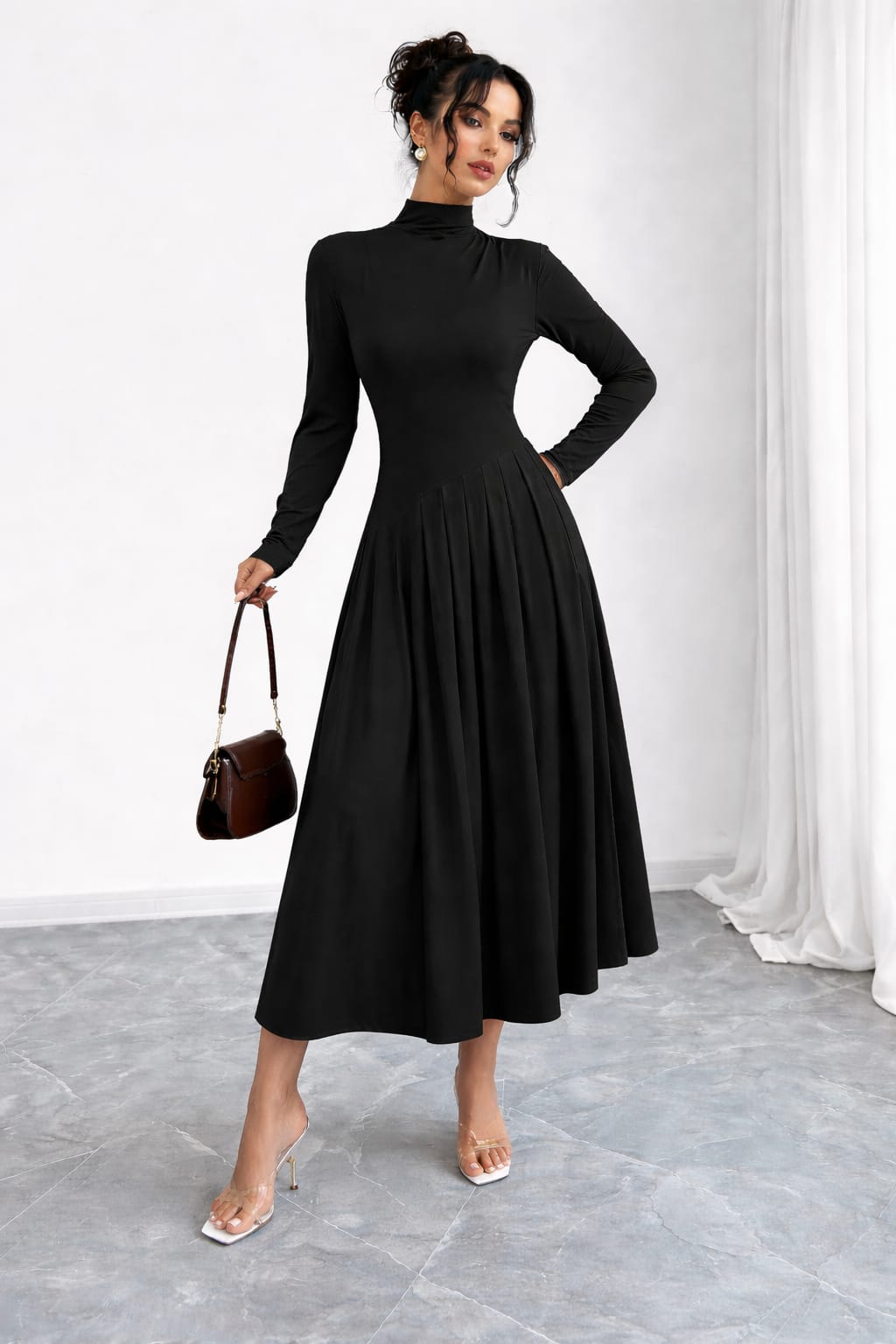 Elegant Solid Pleated Maxi Dress – High Neck & Pleated Skirt