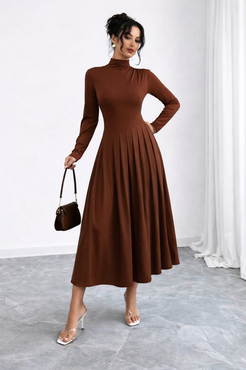 Elegant Solid Pleated Maxi Dress – High Neck & Pleated Skirt