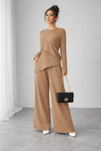 Asymmetrical Long Sleeve Top & Wide Leg Pants Set