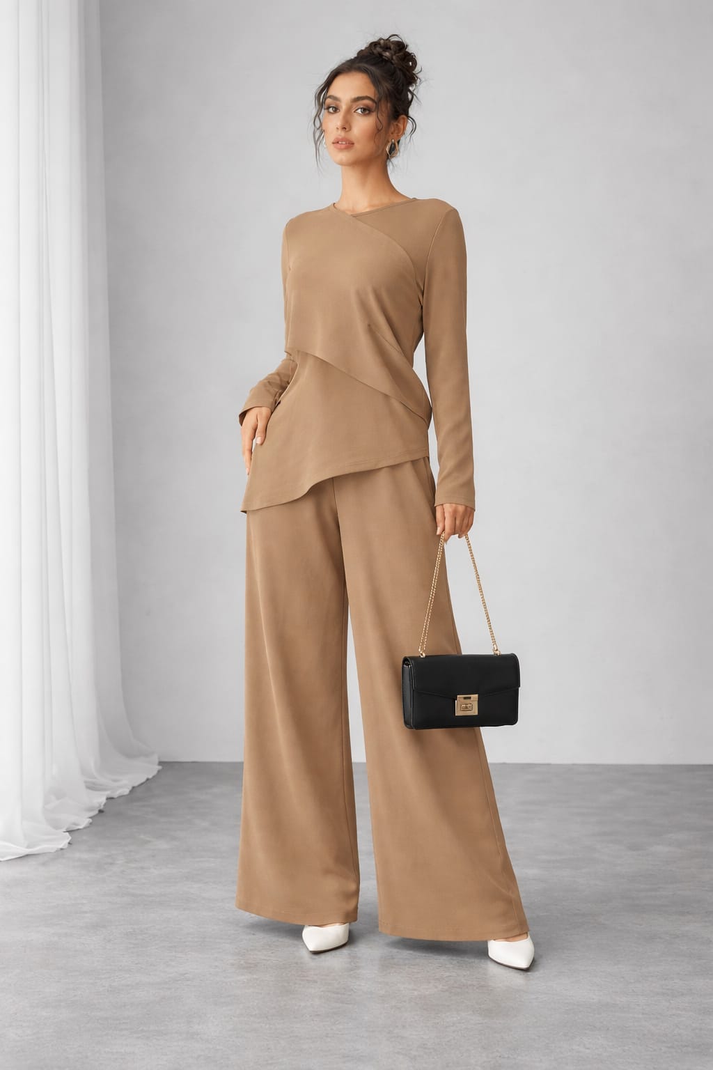 Asymmetrical Long Sleeve Top & Wide Leg Pants Set