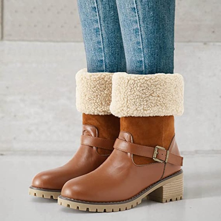 Women’s Fleece-Lined Winter Boots – Buckle Strap Fur Cuff Ankle Boots