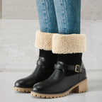 Women’s Fleece-Lined Winter Boots – Buckle Strap Fur Cuff Ankle Boots