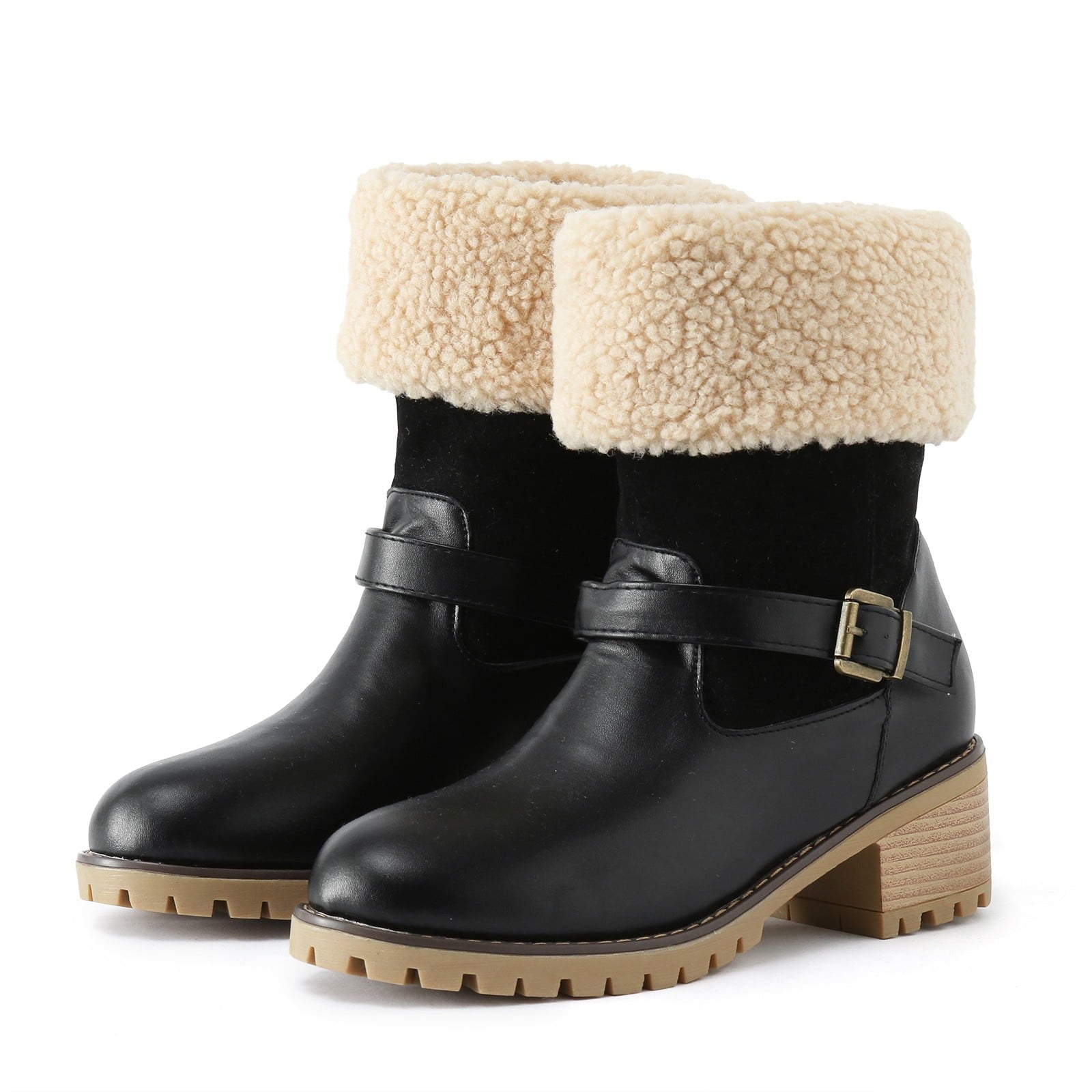 Women’s Fleece-Lined Winter Boots – Buckle Strap Fur Cuff Ankle Boots