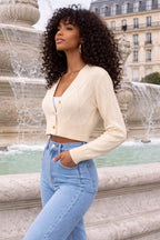 Women’s Knit Button Cardigan – Cropped V-Neck Casual Sweater