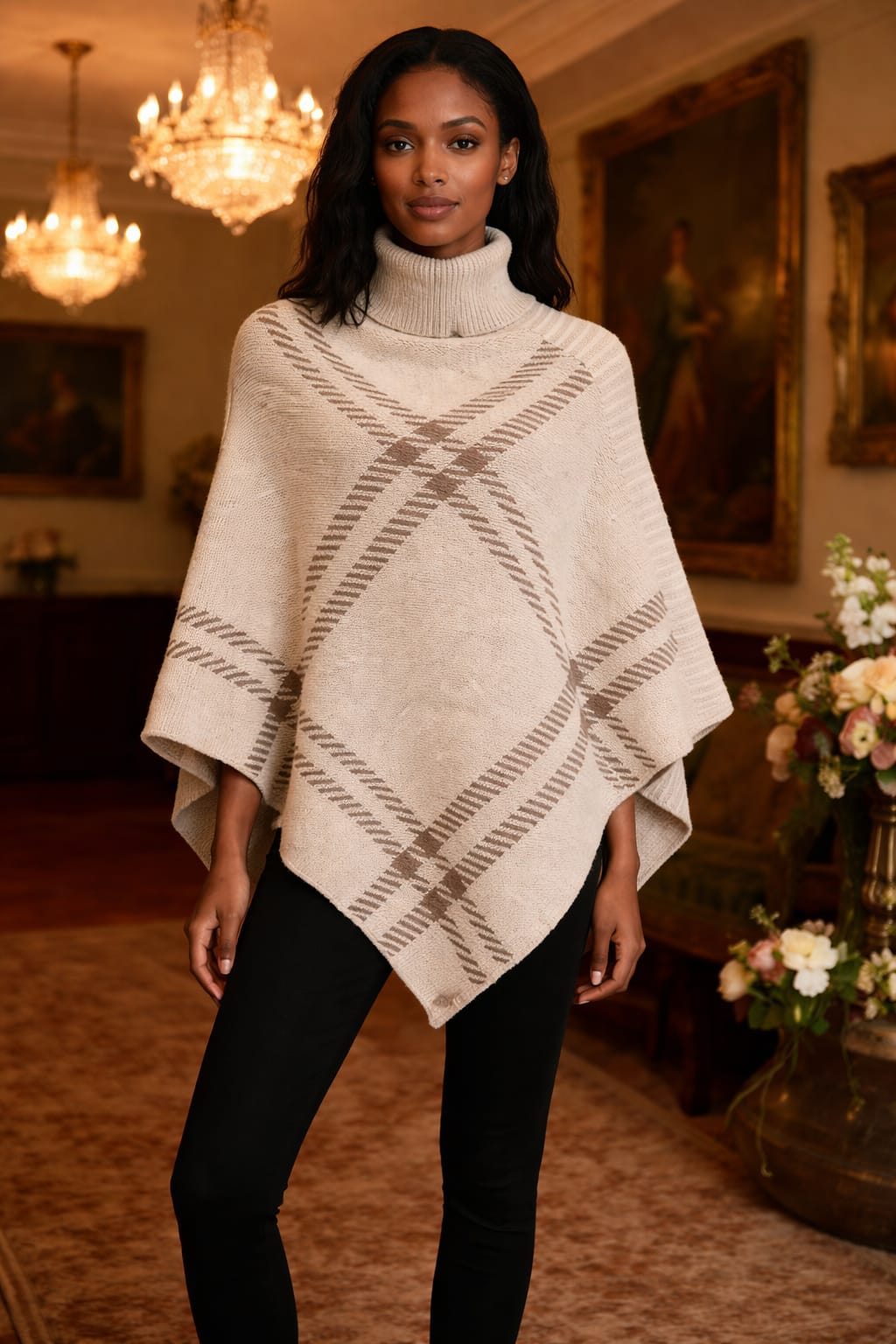 Women’s Geometric Knit Poncho – High Neck Elegant Oversized Cape Sweater