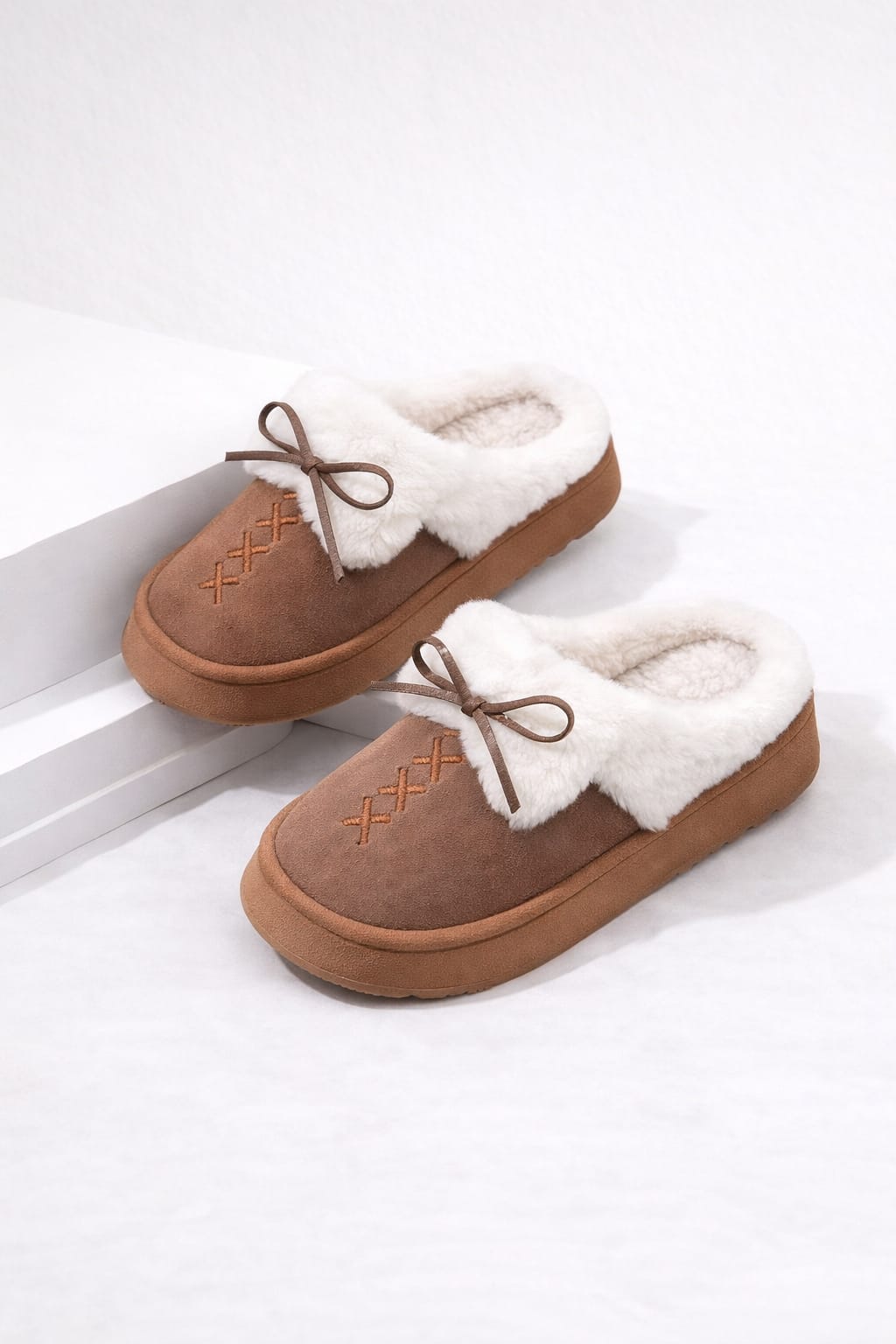 Fur Trim Bow Slippers – Soft Plush Lined Cozy Indoor Slip-On Comfort Shoes