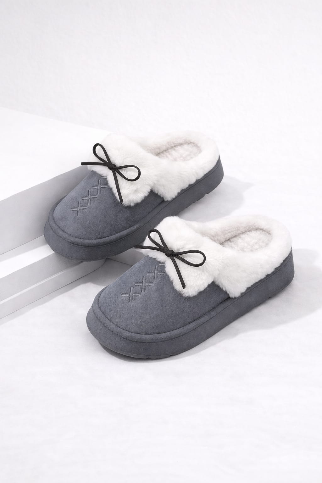 Fur Trim Bow Slippers – Soft Plush Lined Cozy Indoor Slip-On Comfort Shoes