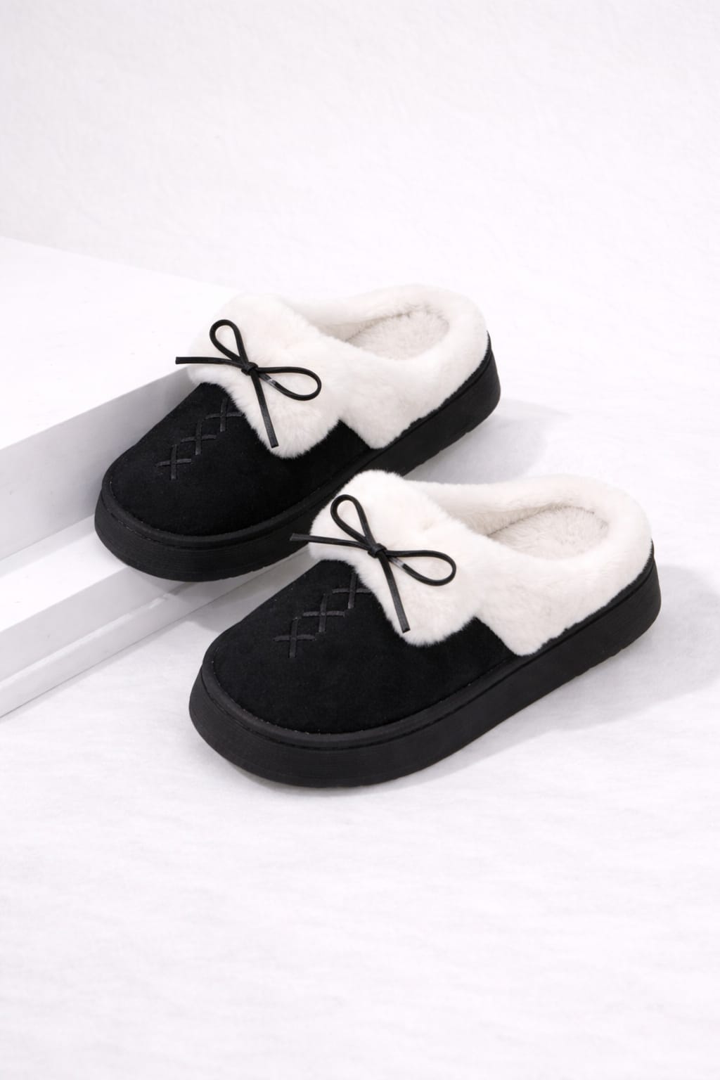 Fur Trim Bow Slippers – Soft Plush Lined Cozy Indoor Slip-On Comfort Shoes