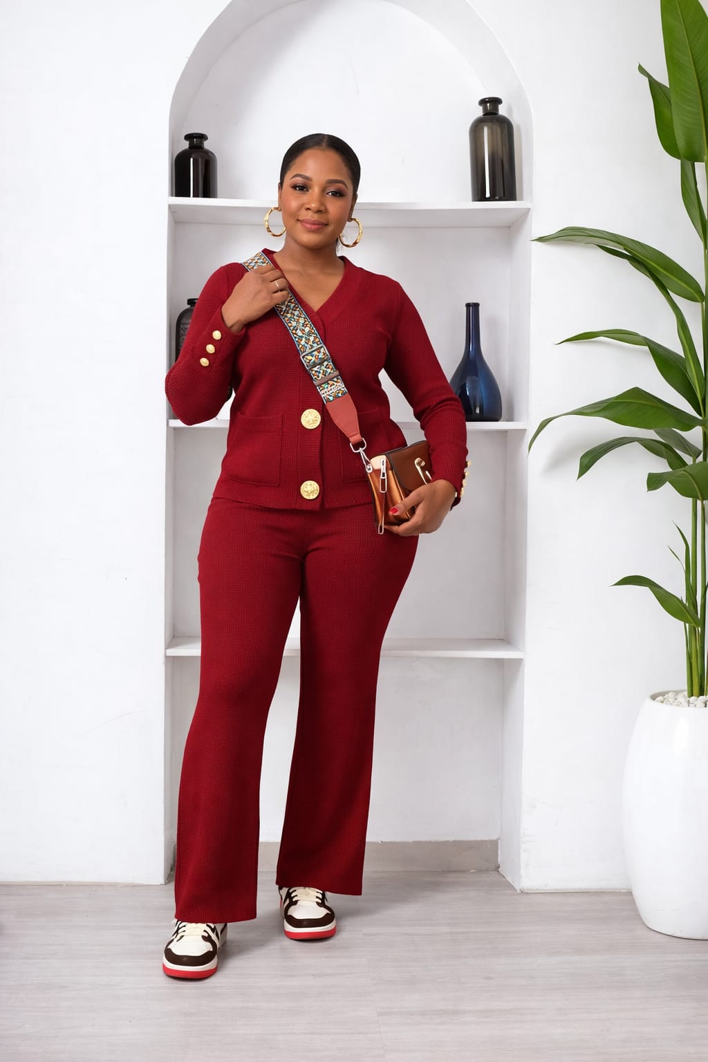 Women’s Button Front Two-Piece Pant Set – Top & Wide Leg Trousers