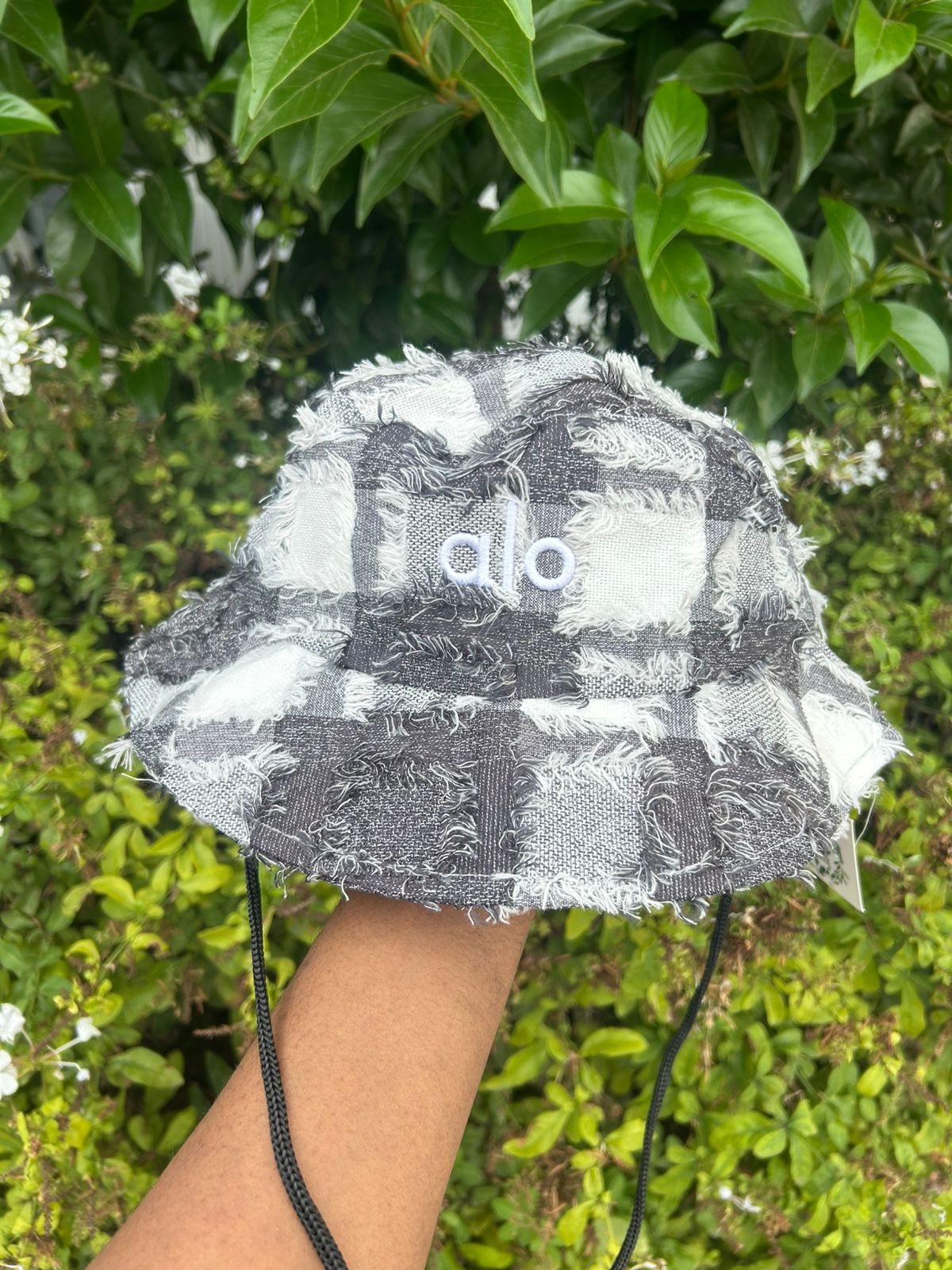 Textured Plaid Bucket Hat with Drawstring