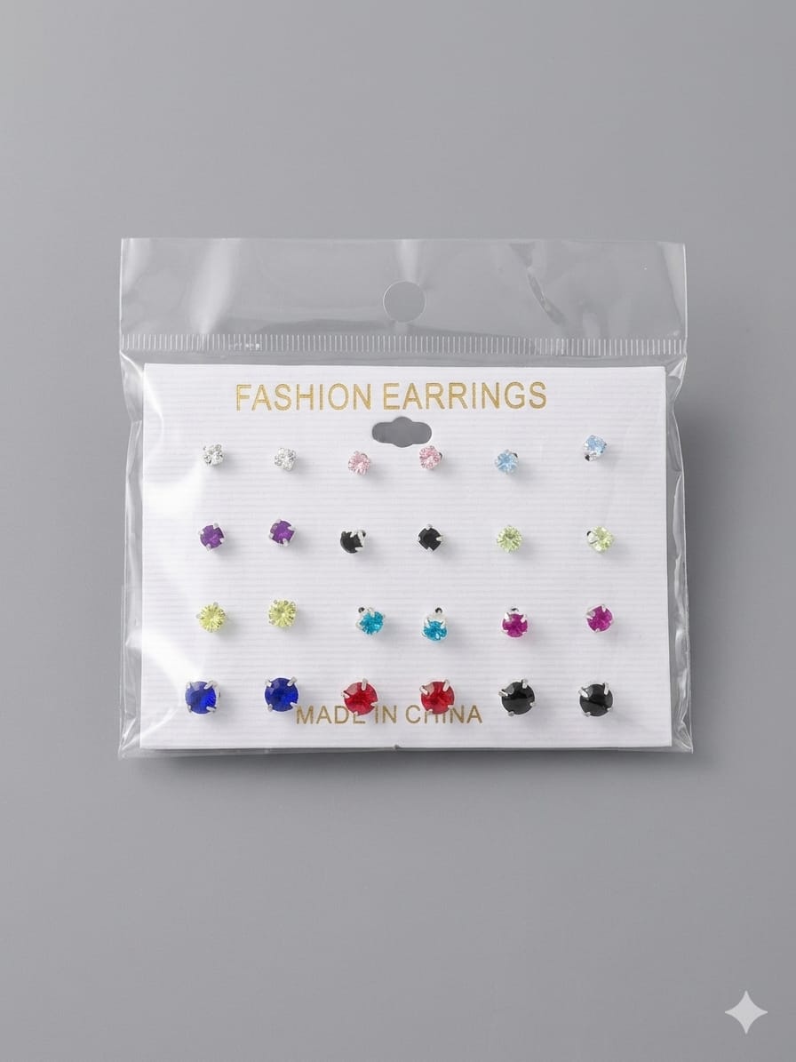 Sparkle Multi-Colour Stud Earrings Set – 12 Pair Value Pack