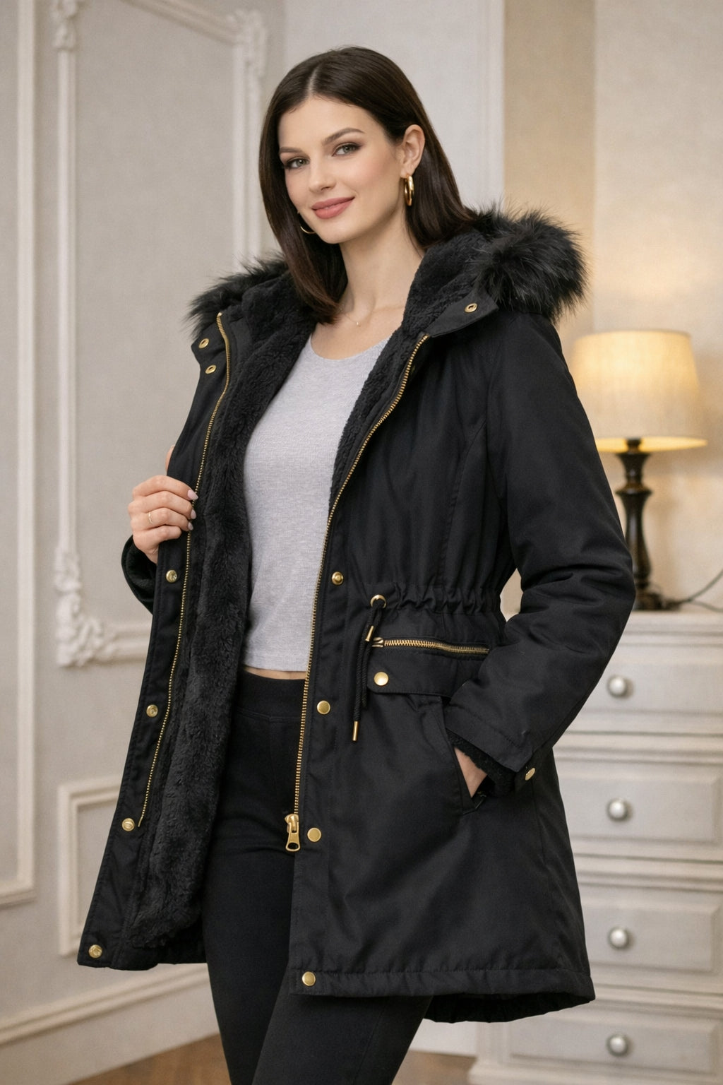 Fur Hooded Mid-Thigh Length Jacket