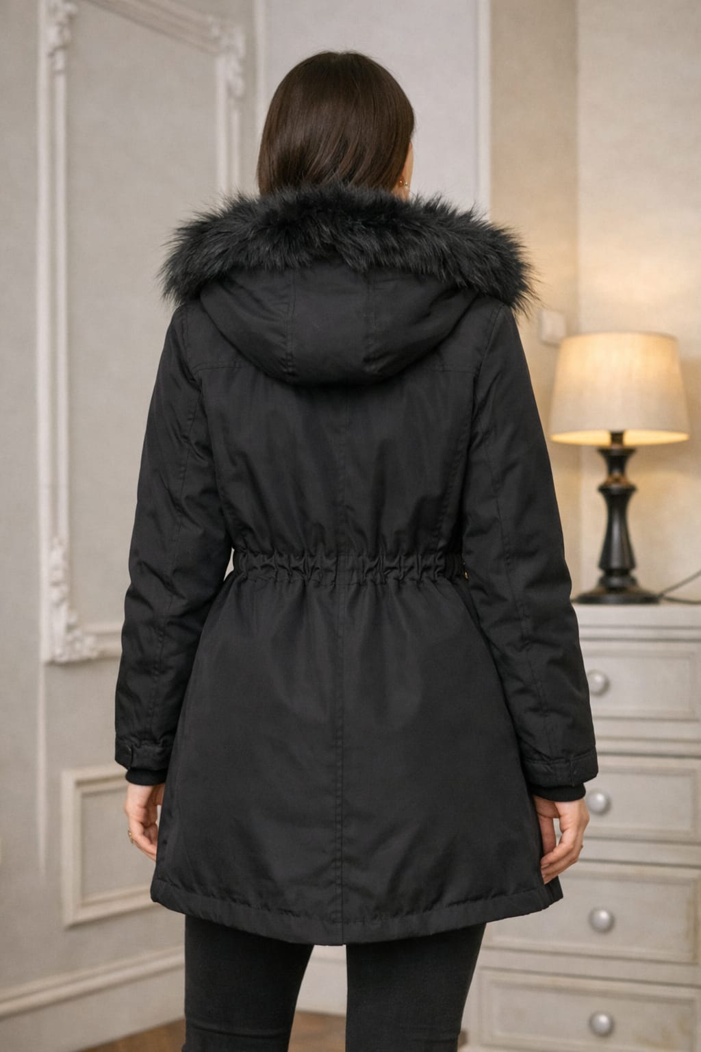 Fur Hooded Mid-Thigh Length Jacket