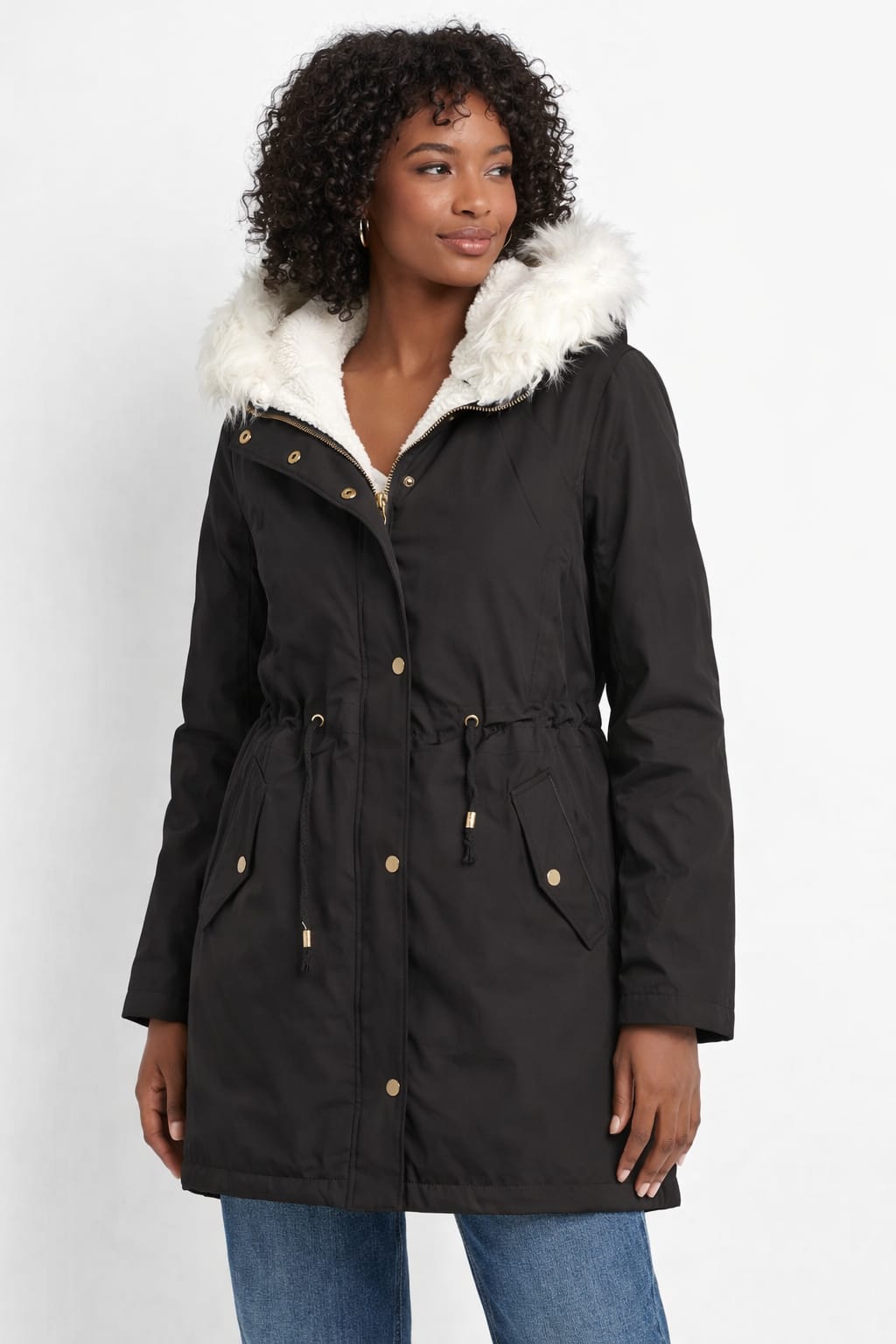 Fur Hooded Mid-Thigh Length Jacket