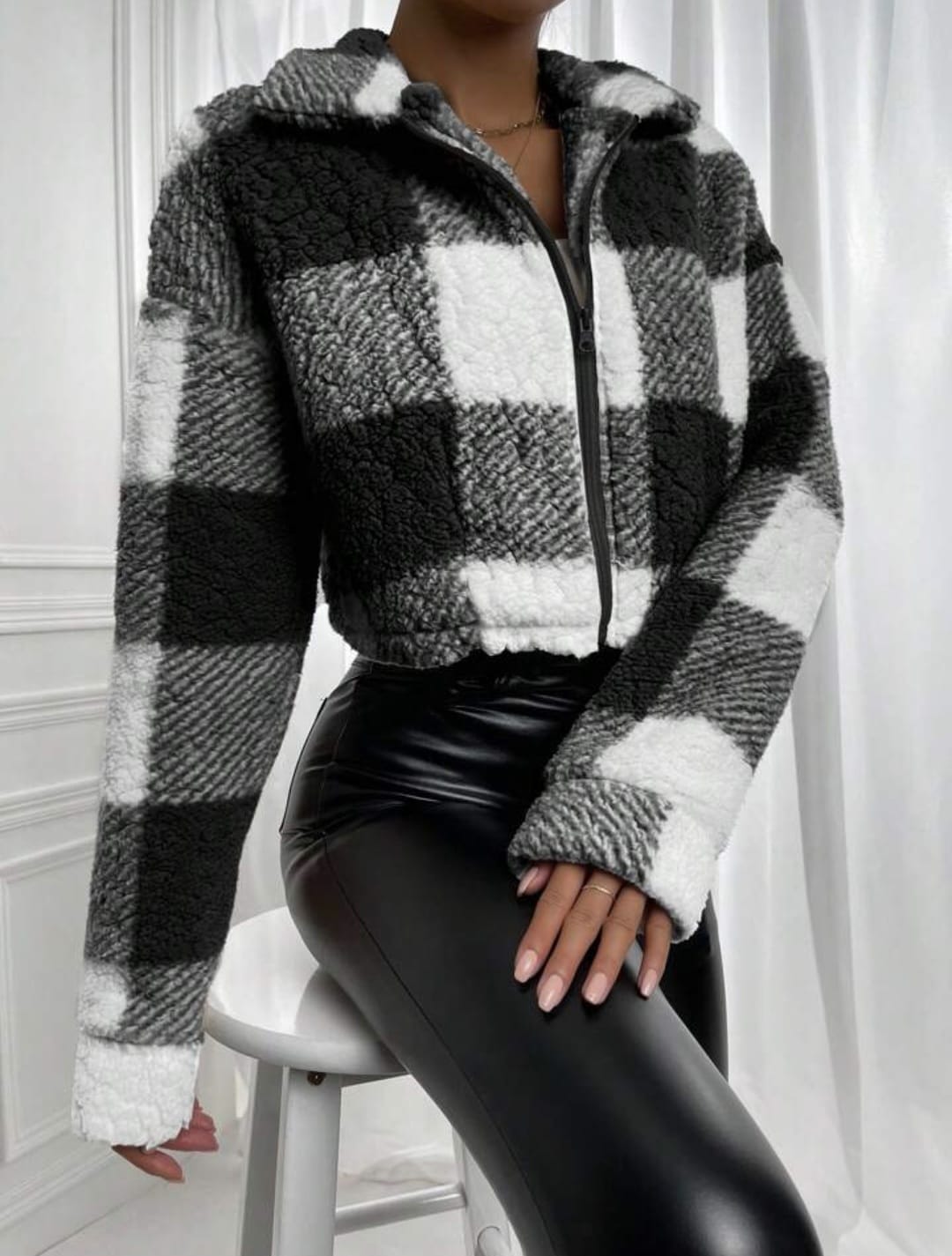 Cozy Check Cropped Sherpa Jacket