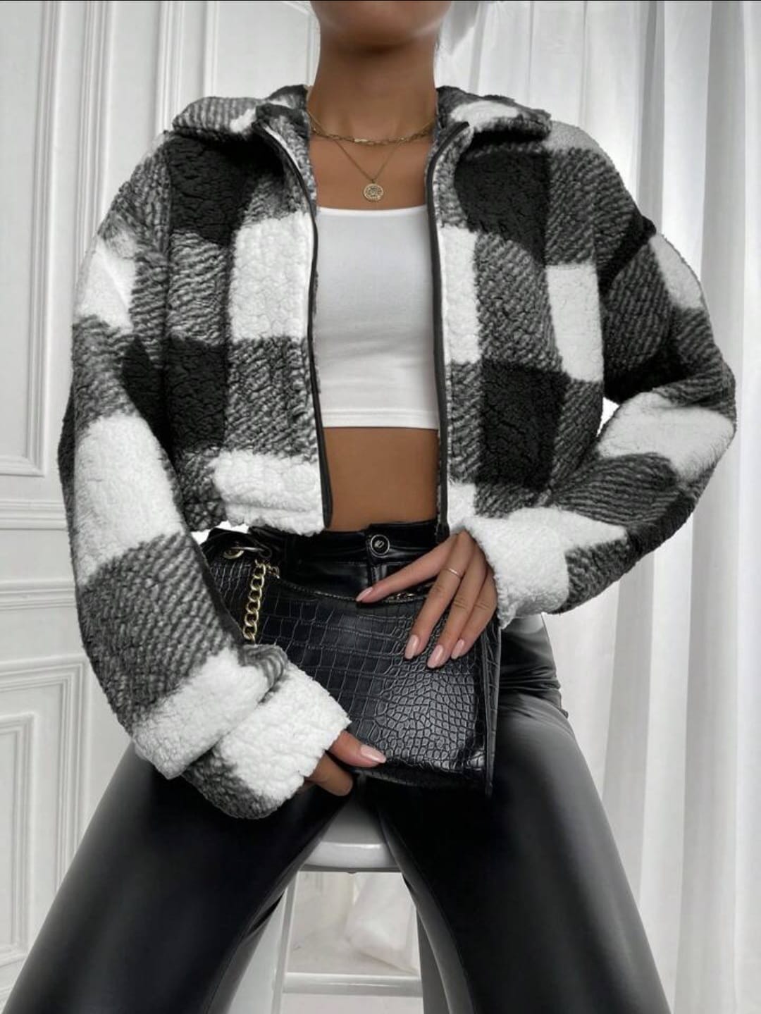 Cozy Check Cropped Sherpa Jacket