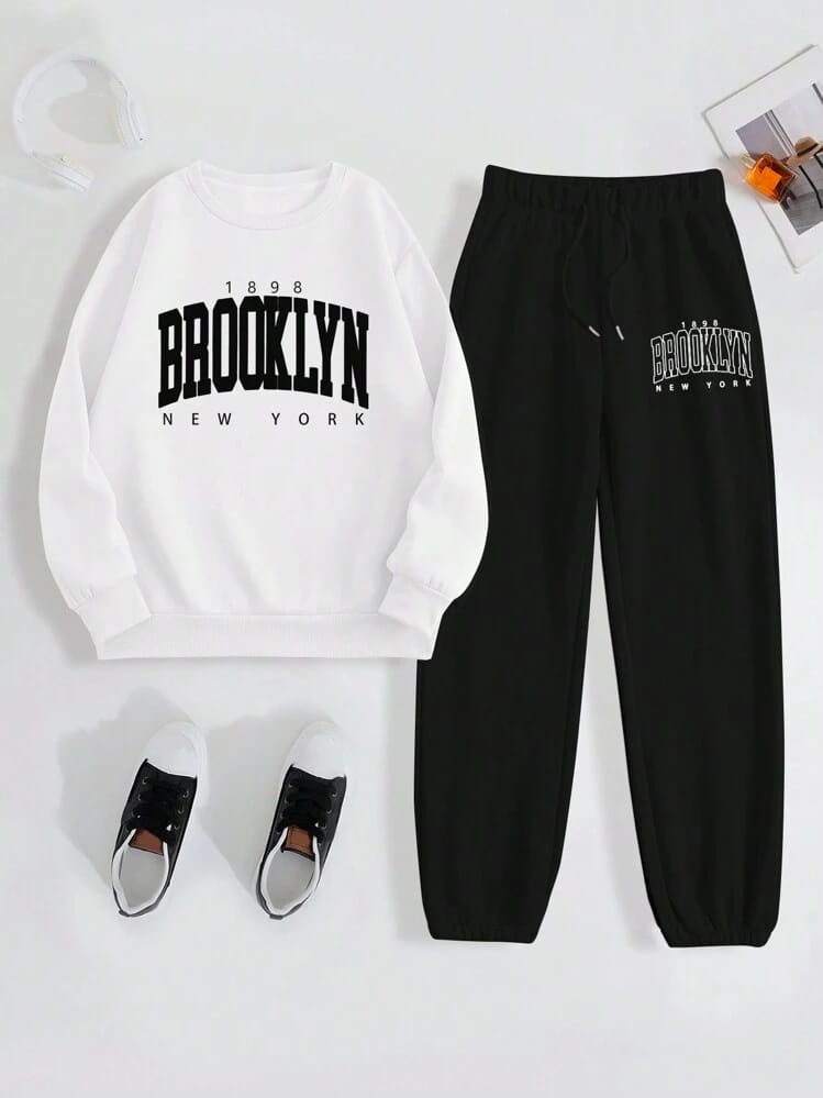 Brooklyn Print Sweatshirt & Jogger Two-Piece Set for Women
