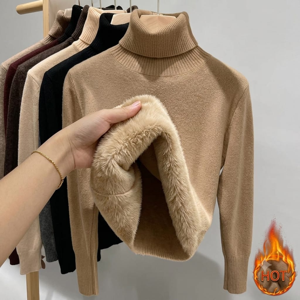 Fleece-Lined Turtleneck Knit Sweater