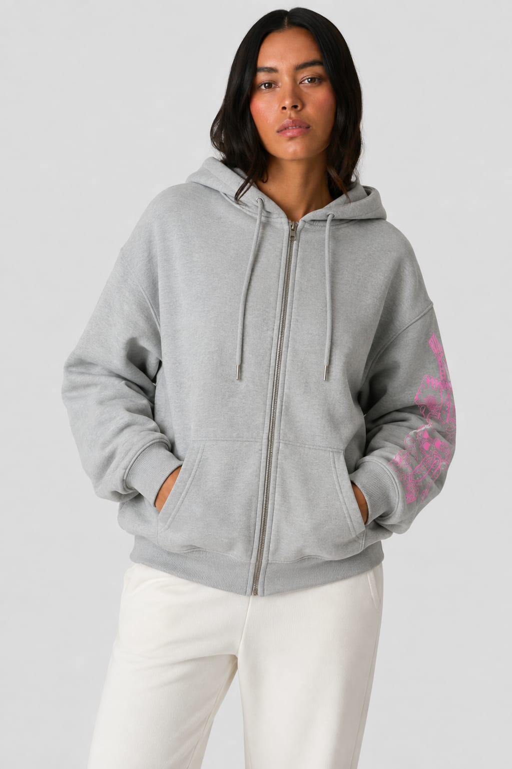 Y2K Oversized Graphic Sleeve Zip-Up Hoodie