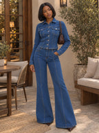 Button-Up Denim Jacket and Flare Jeans Set