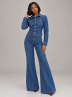 Button-Up Denim Jacket and Flare Jeans Set