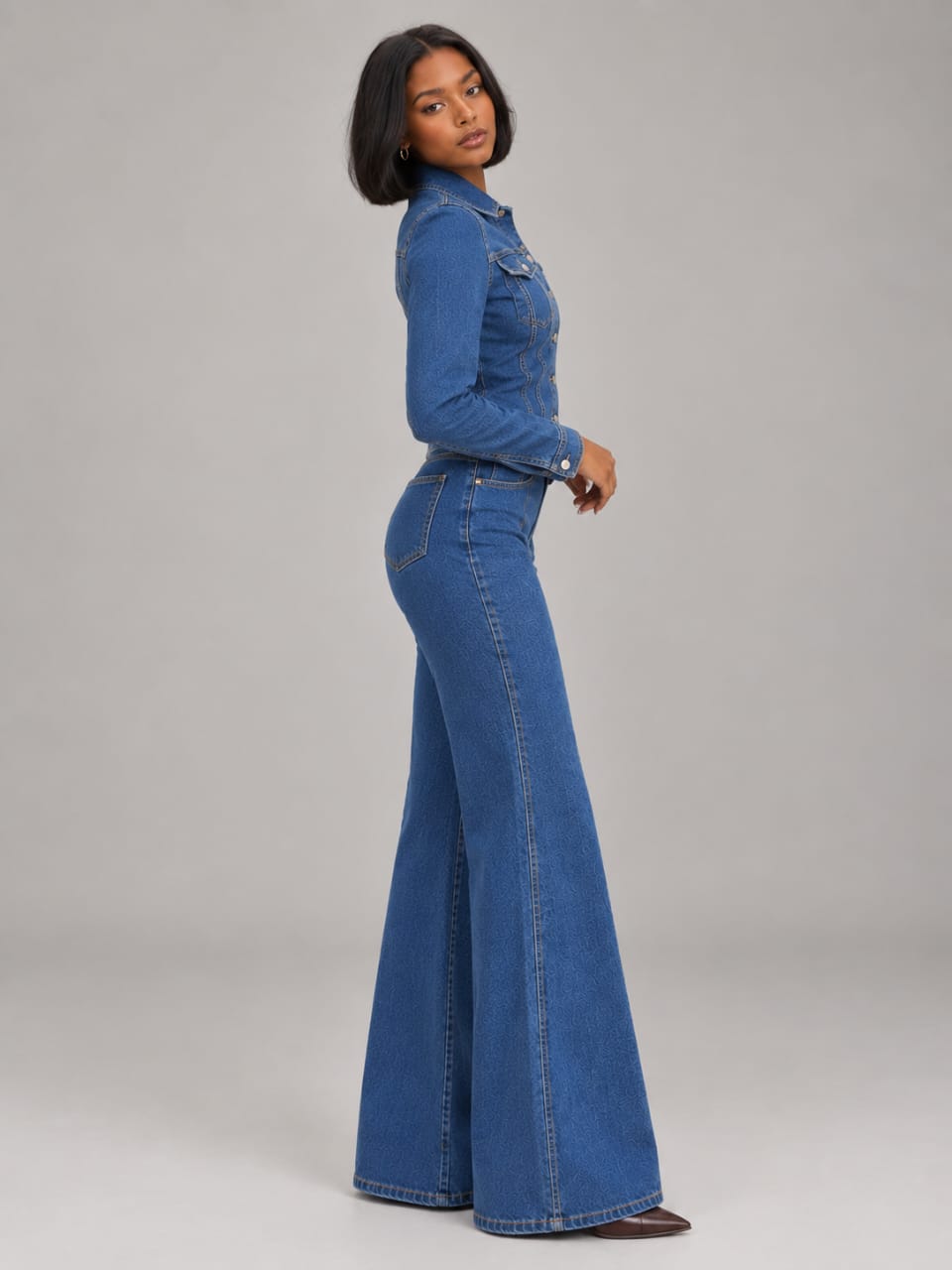 Button-Up Denim Jacket and Flare Jeans Set