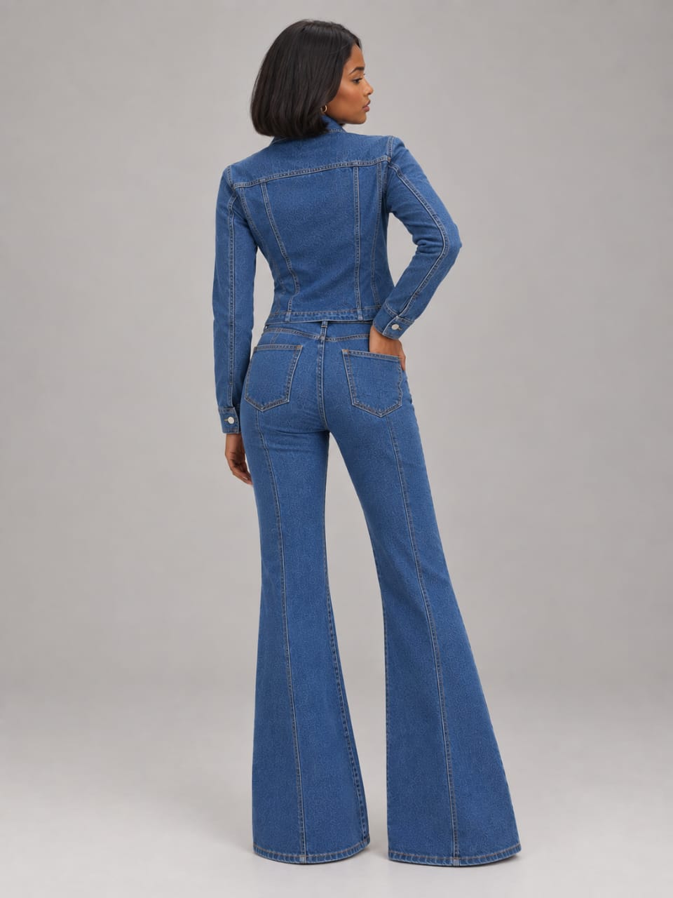 Button-Up Denim Jacket and Flare Jeans Set