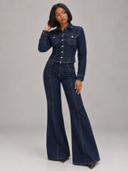 Button-Up Denim Jacket and Flare Jeans Set