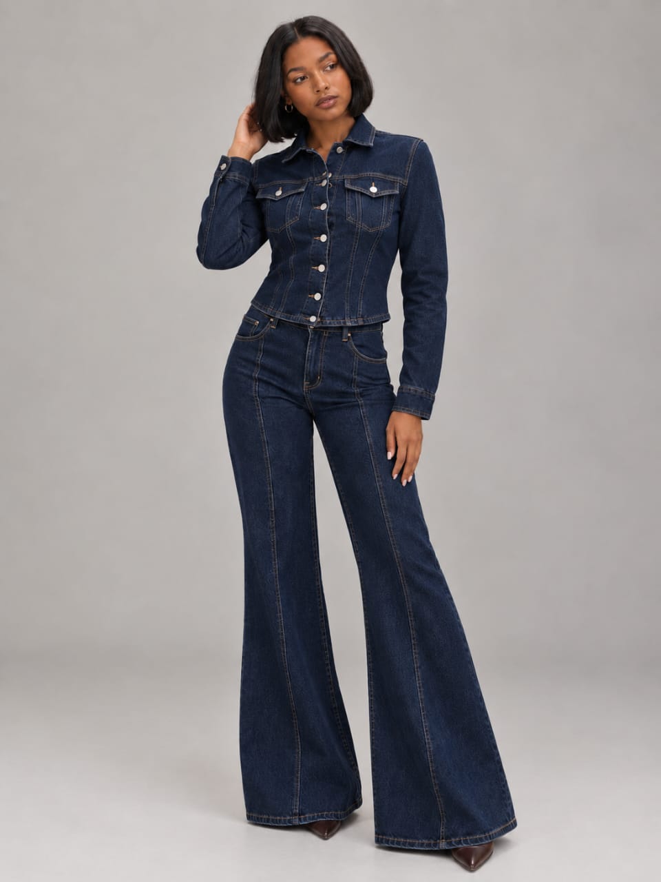 Button-Up Denim Jacket and Flare Jeans Set