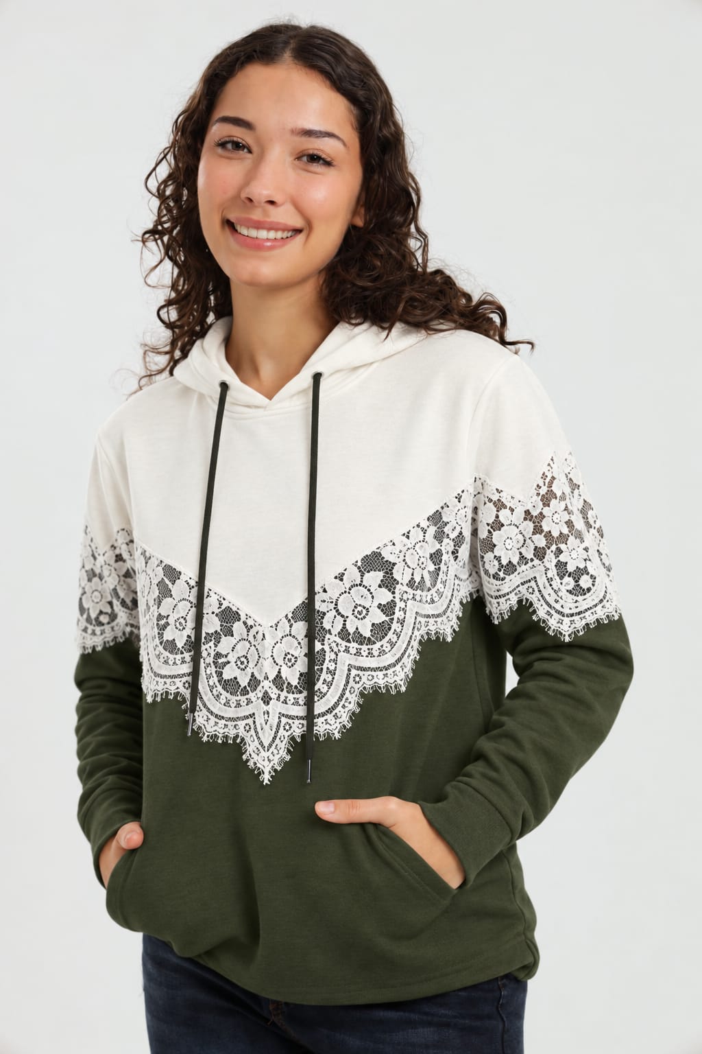 Lace Panel Pullover Hoodie