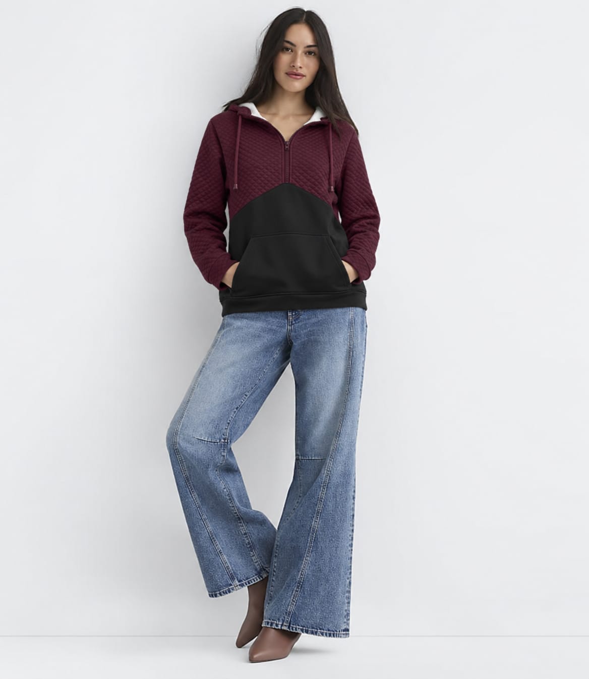 Quilted Contrast Half-Zip Hoodie
