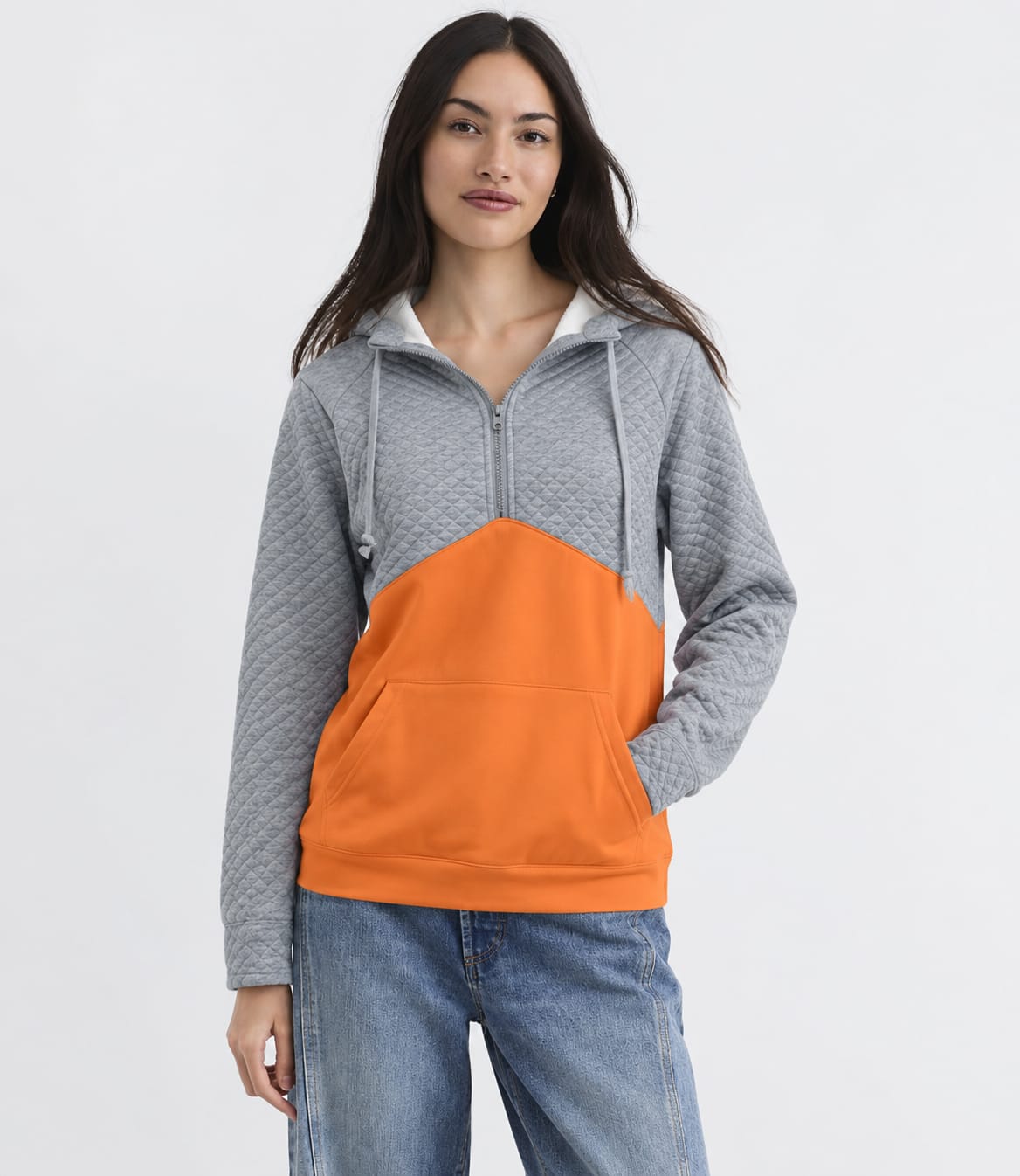 Quilted Contrast Half-Zip Hoodie