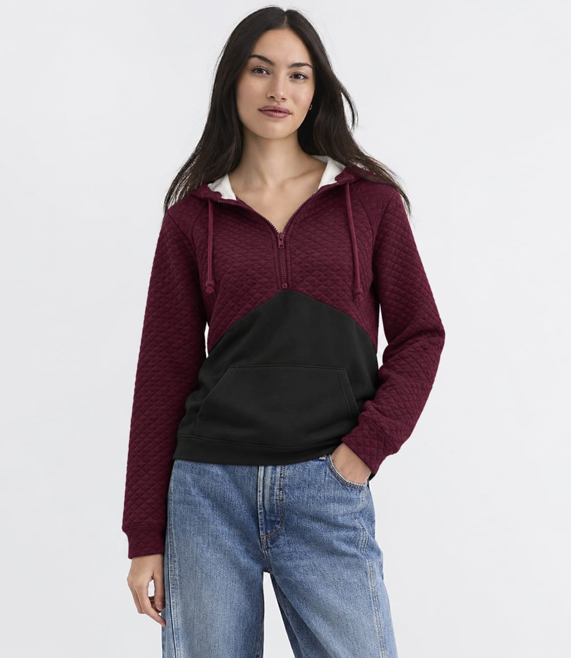 Quilted Contrast Half-Zip Hoodie