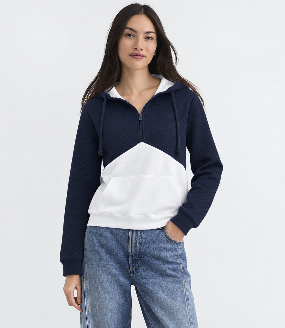 Quilted Contrast Half-Zip Hoodie