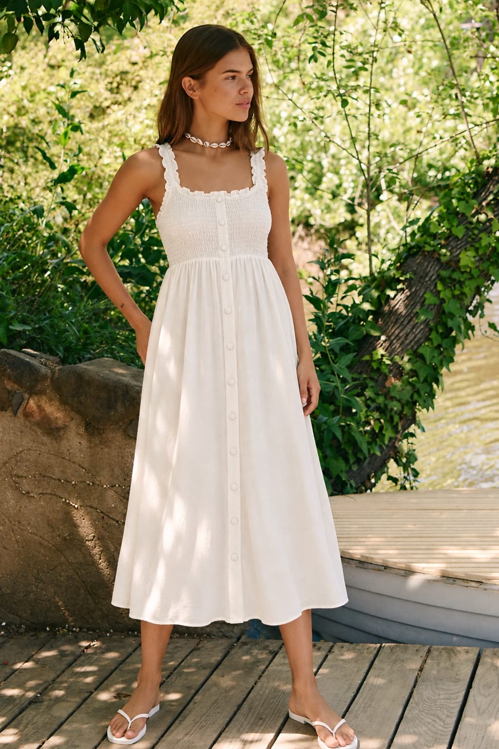 Smocked Button-Front Midi Dress