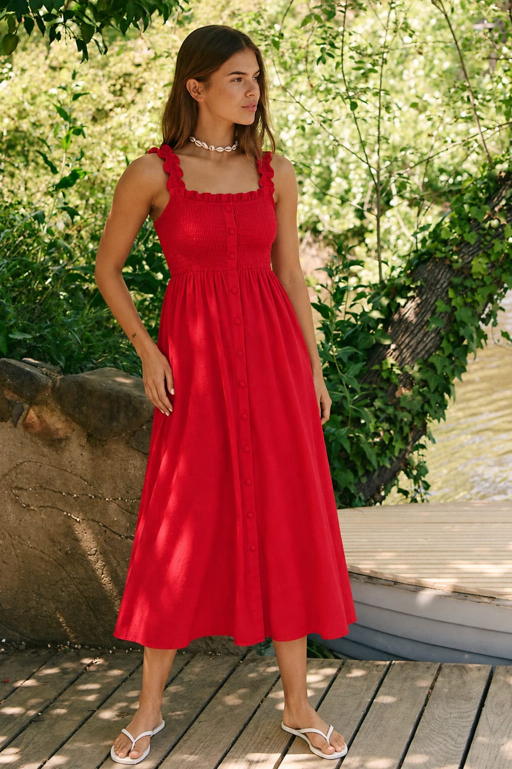 Smocked Button-Front Midi Dress