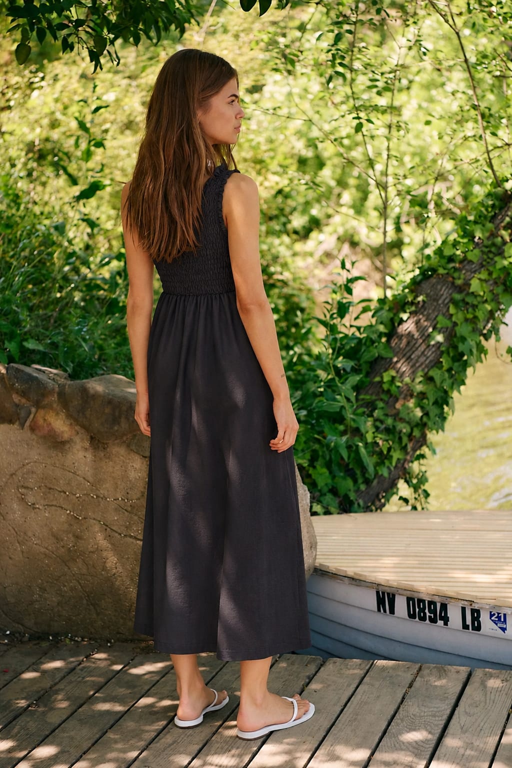 Smocked Button-Front Midi Dress